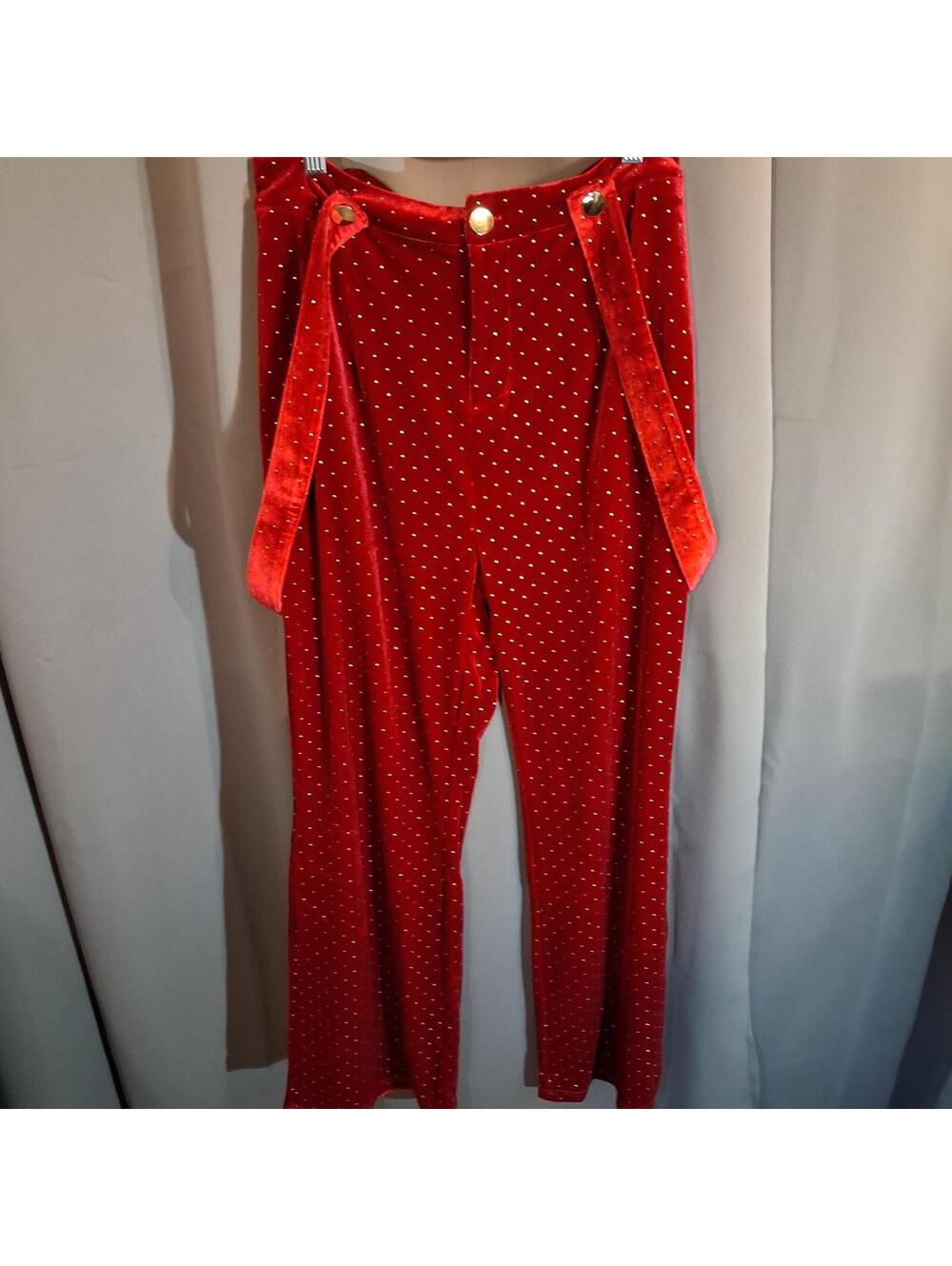 Allegra K Red Velvet with gold  Polka Dot Pants with Suspenders